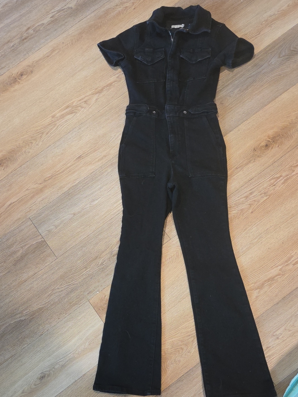 Good American Black Short-Sleeve Denim Jumpsuit Overalls Super Cute
